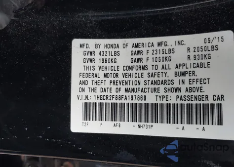 2015 Honda Accord Ex-L из США, поврежденный, VIN 1HGCR2F88FA197869